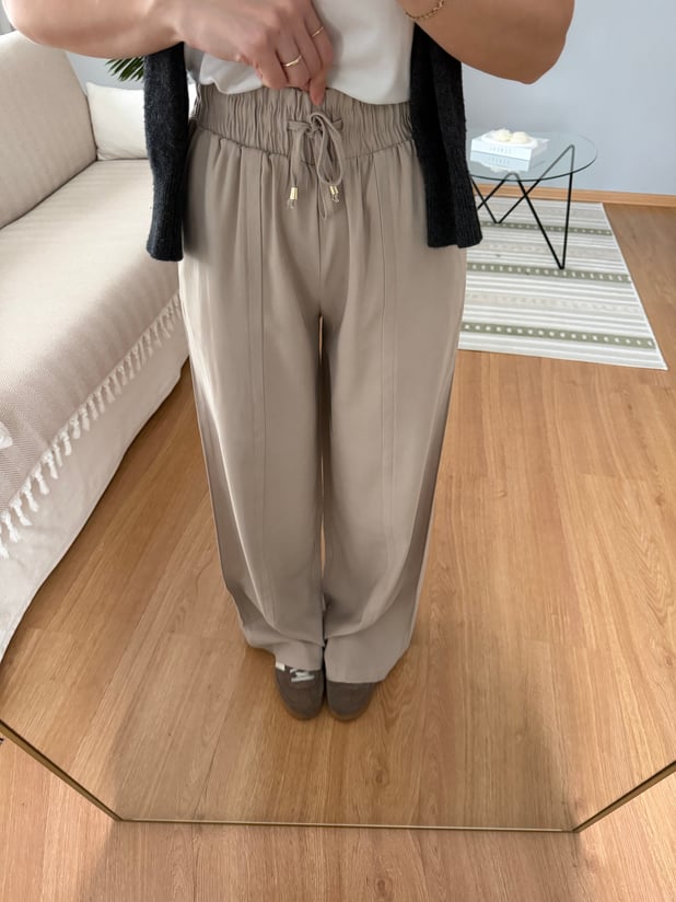 Tencel Beli Lastikli Bej Renk Pantolon 