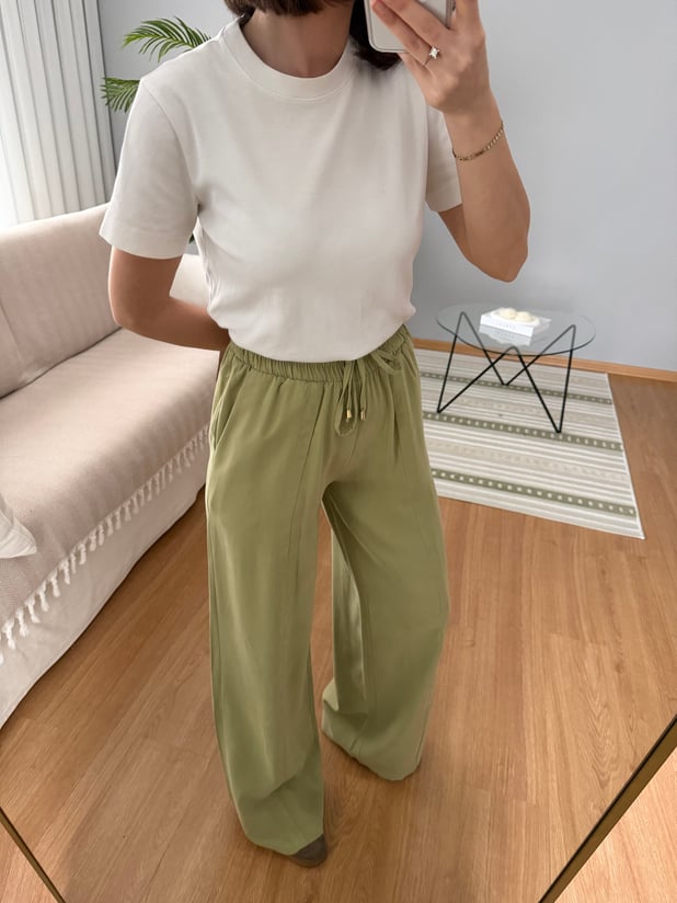 Tencel Beli Lastikli Yeşil Renk Pantolon 
