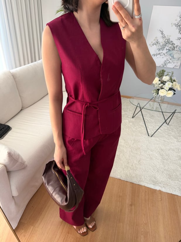 Tulip Bordo Renk Keten Takım