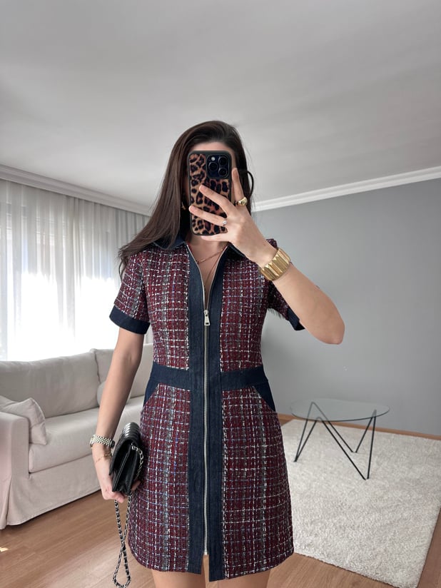 Tüvit Fermuarlı Bordo Elbise