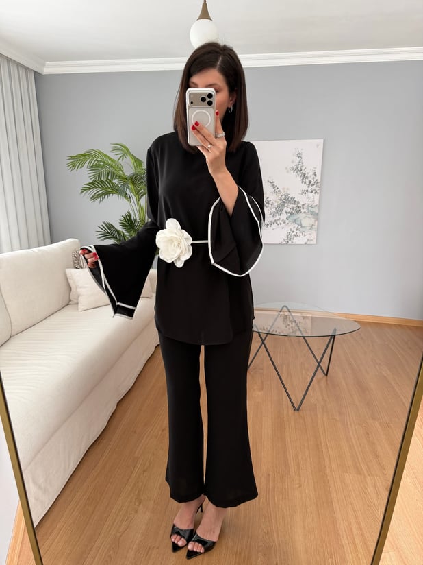 Velissa Gül Kuşaklı Siyah Renk Takım