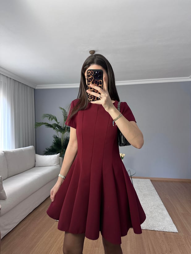 Volanlı Bordo Elbise