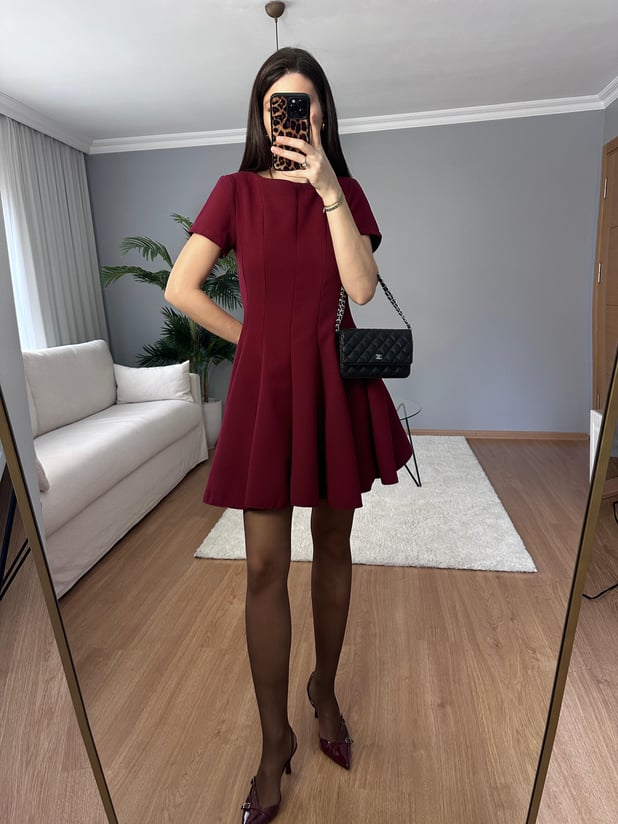 Volanlı Bordo Elbise