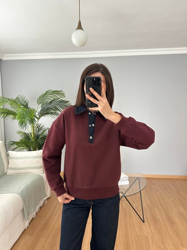 Yakası Denim Bordo Sweatshirt 