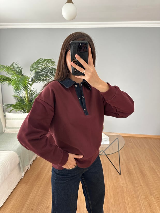 Yakası Denim Bordo Sweatshirt 