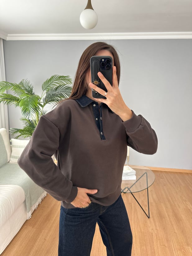 Yakası Denim Kahve Sweatshirt 