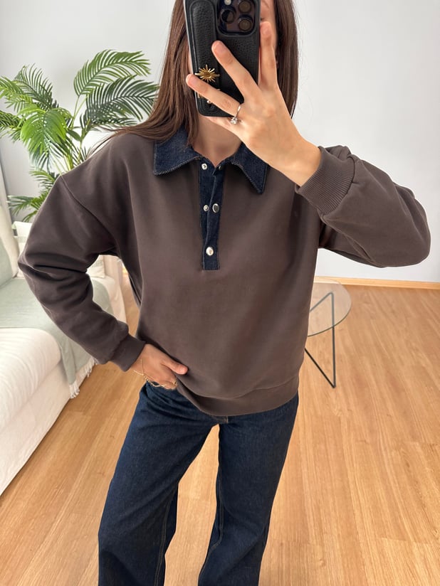 Yakası Denim Kahve Sweatshirt 