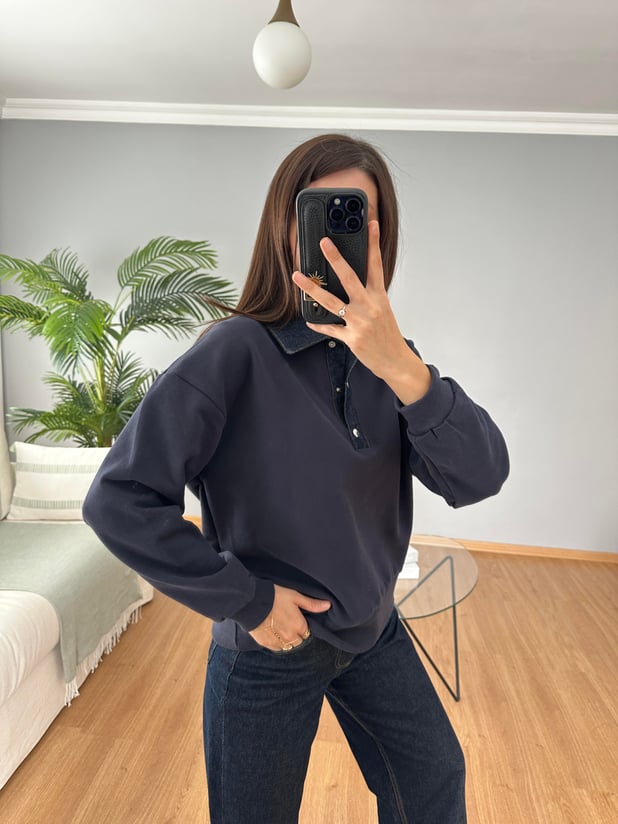 Yakası Denim Lacivert Sweatshirt 