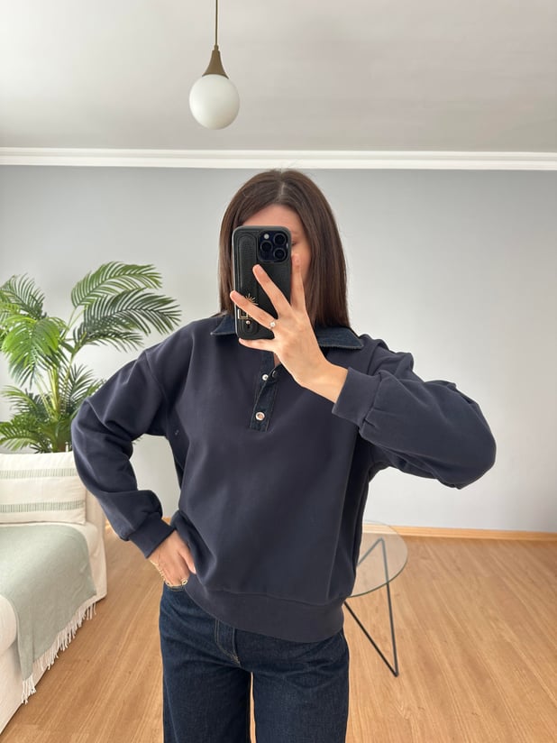 Yakası Denim Lacivert Sweatshirt 