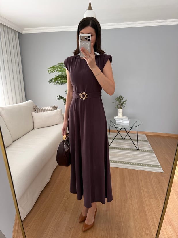 Yıldız Kemerli Mürdüm Tencel Elbise