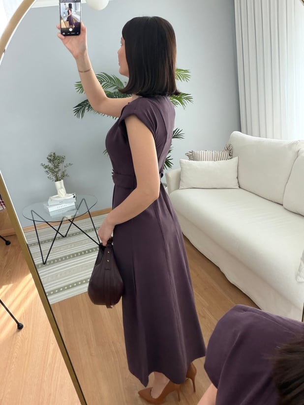 Yıldız Kemerli Mürdüm Tencel Elbise