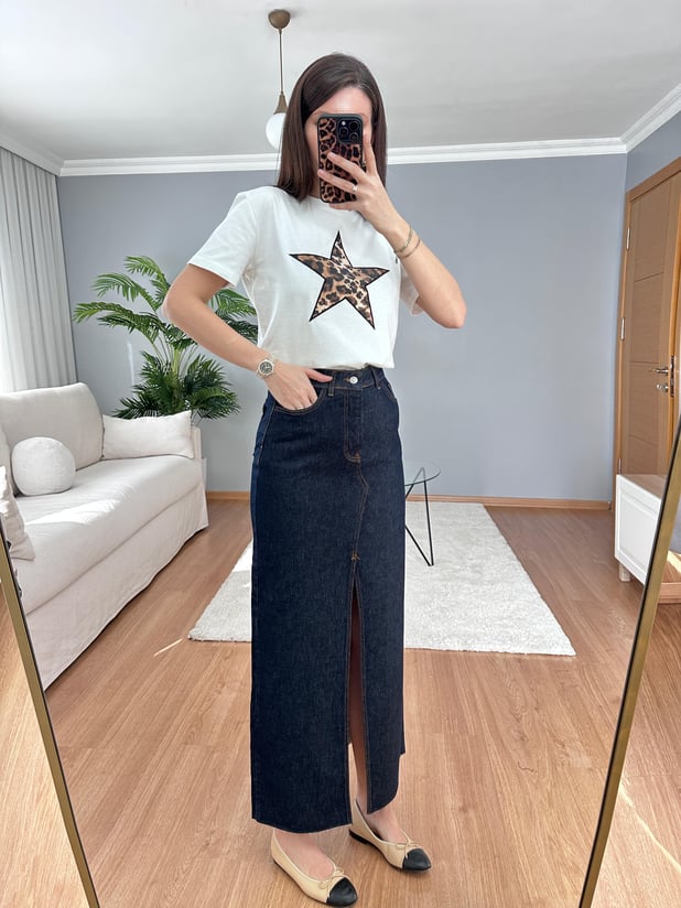 Yırtmaçlı Denim Etek