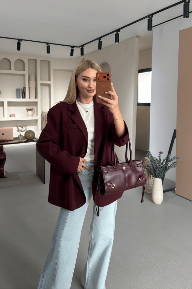 Oversize Kemik Düğmeli Mürdüm Blazer Ceket