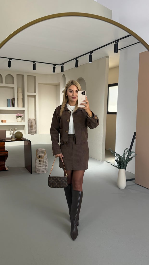 Gold Düğme Detay Kahve Nubuk Etek