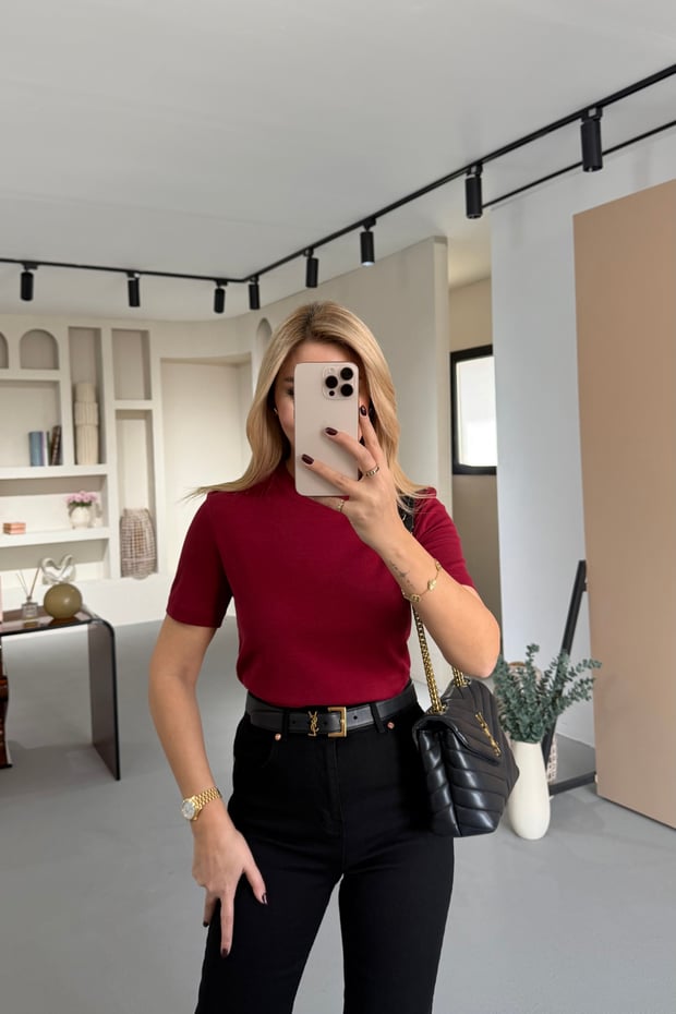 Premium Seri Bisiklet Yaka Pamuklu Bordo Basic Tshirt