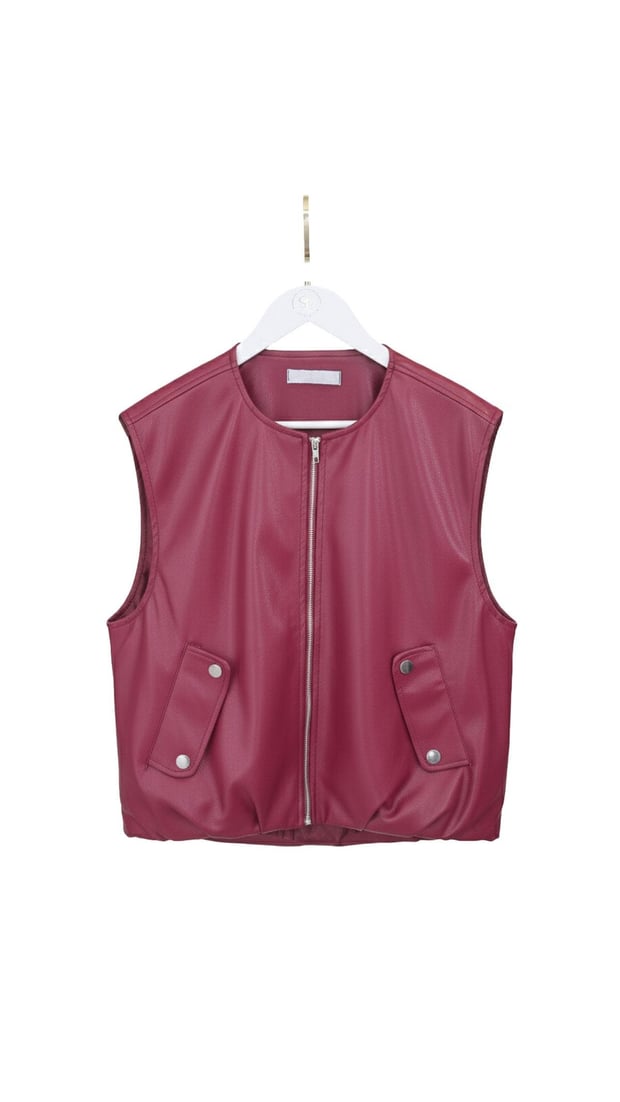 Fermuarlı Mürdüm Deri Yelek