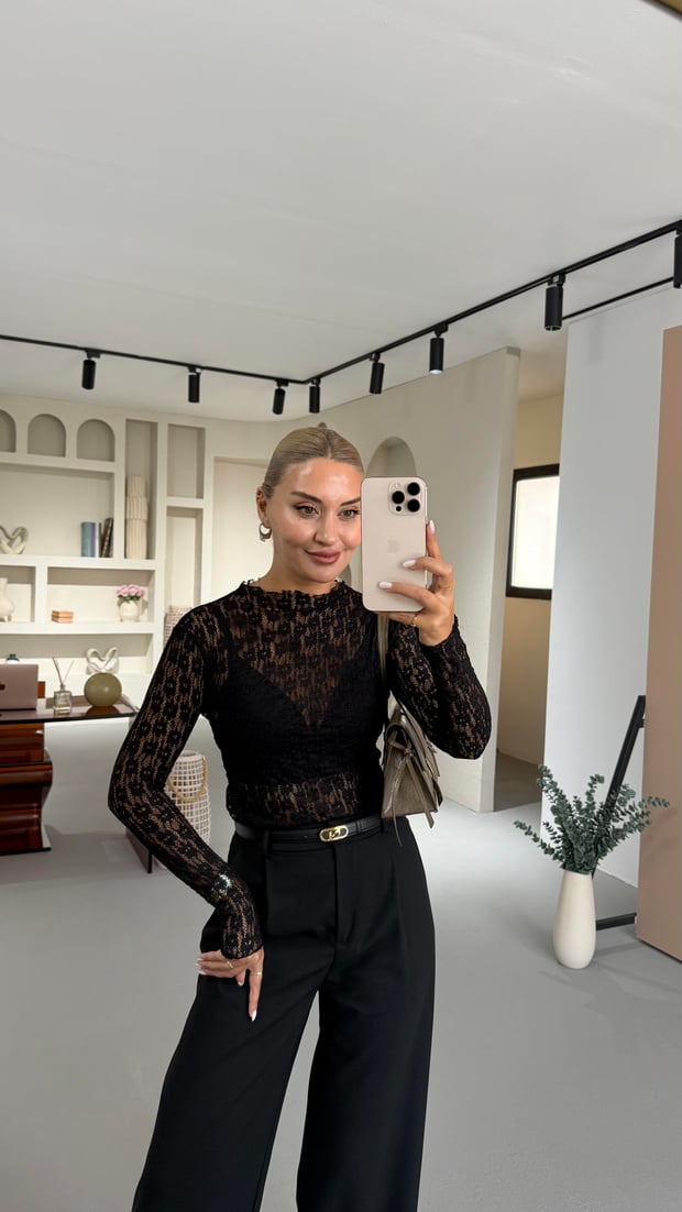 Transparan Siyah Dantel Bluz