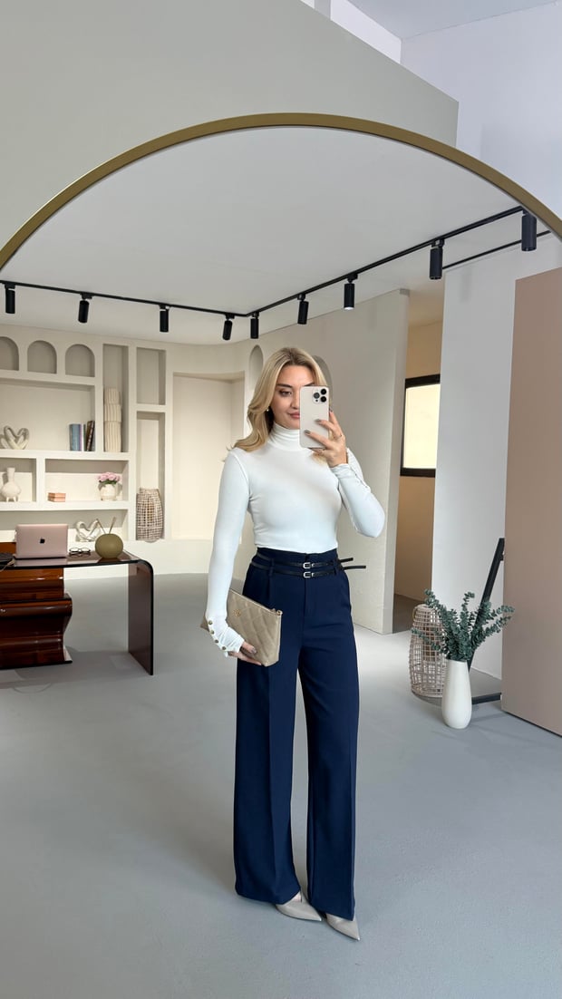 Çift Kemerli Double Krep Lacivert Palazzo Pantolon