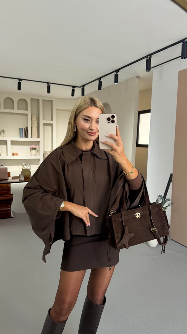 Fermuarlı Kahve Pelerin Trenç