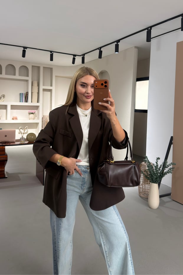 Oversize Kemik Düğmeli Kahve Blazer Ceket