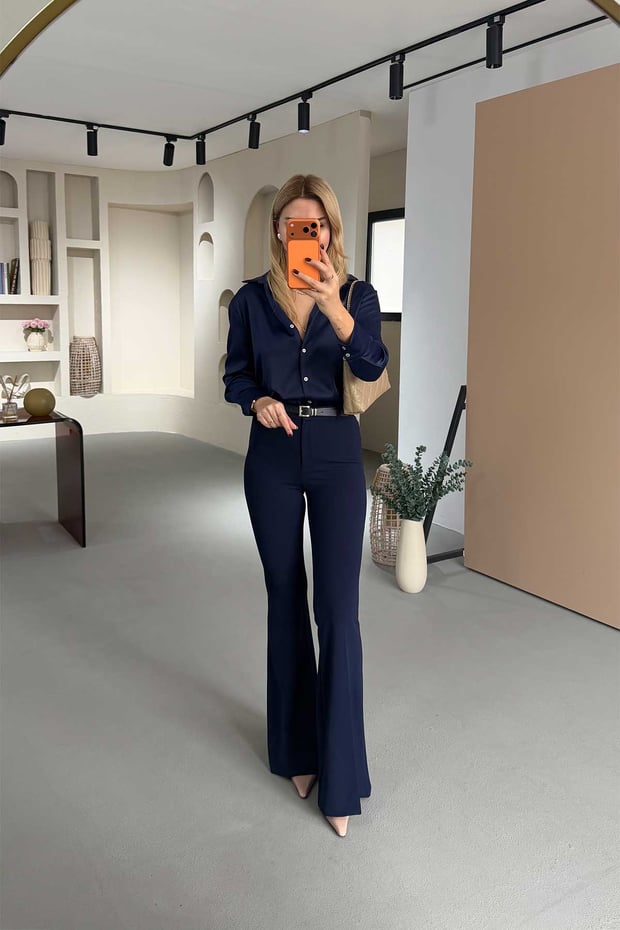 Kemerli İspanyol Paça Lacivert Fit Pantolon