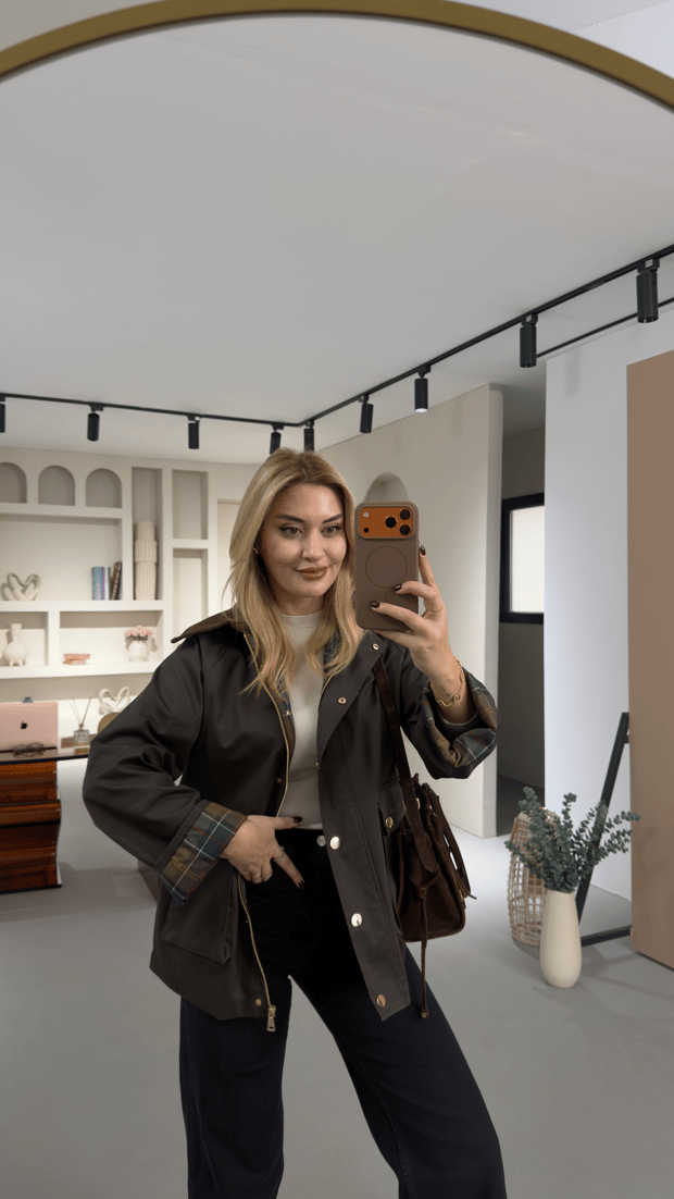 Kadife Yaka Detay Astar Ekoseli Kahve Trenç