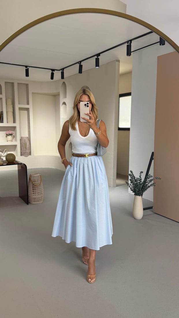 Premium Seri Piliseli Bebek Mavi Poplin Çan Etek