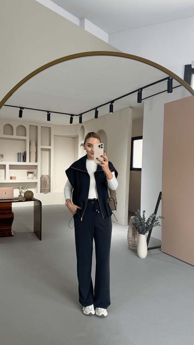 Premium Seri Paraşüt Detaylı Siyah Yelekli Modal Takım