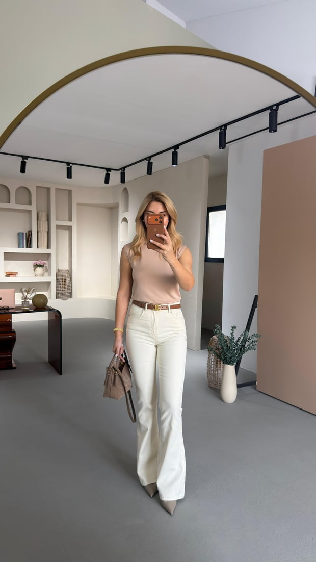 Premium Seri Likralı Krem İspanyol Paça Jean