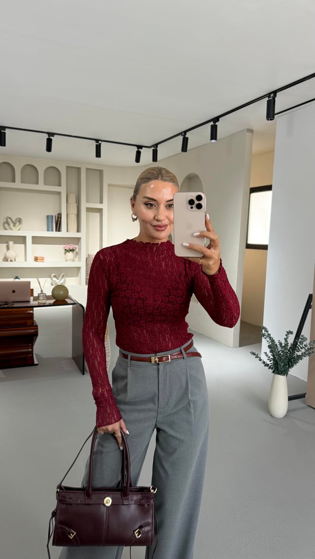 Transparan Bordo Dantel Bluz