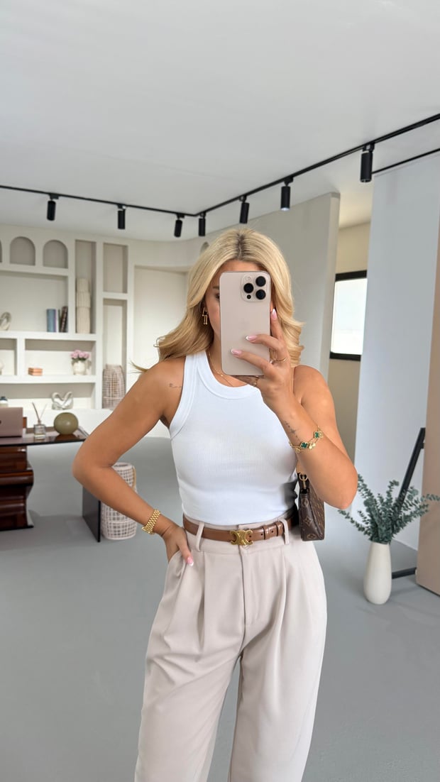Halter Yaka Fitilli Ekru Bluz