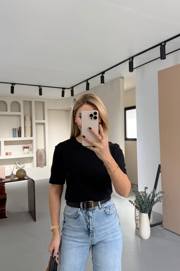 Premium Seri Bisiklet Yaka Pamuklu Siyah Basic Tshirt