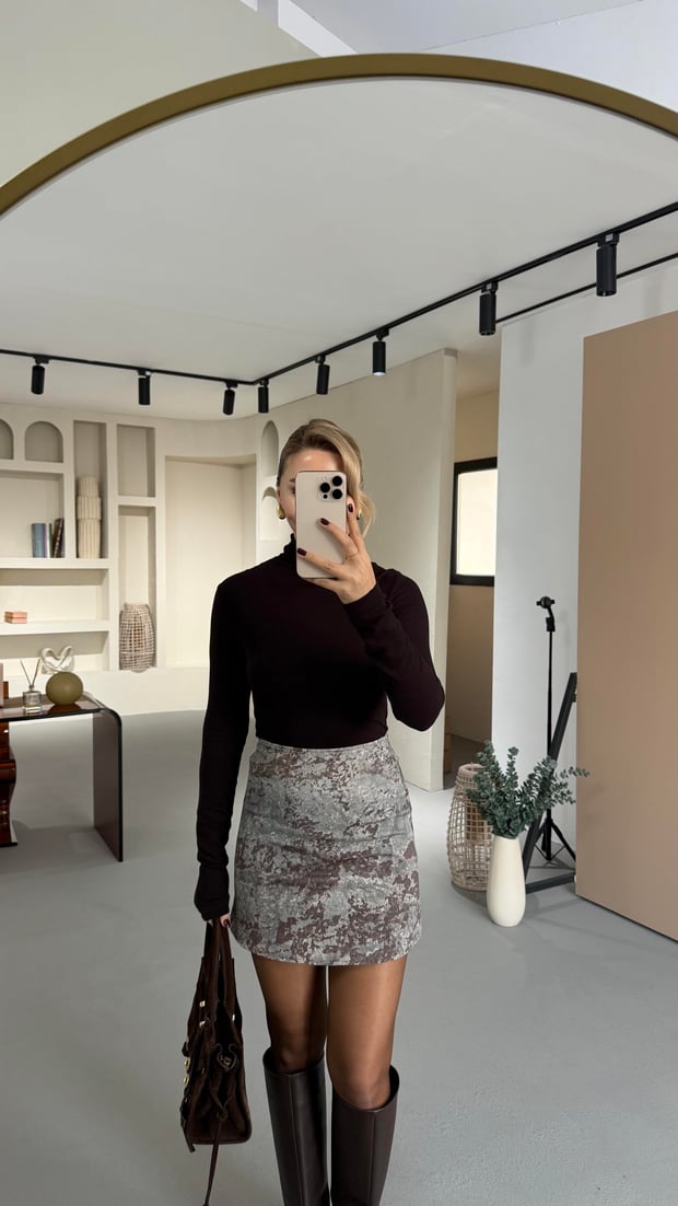 Kahve-Turkuaz Renk Geçişli Mini Denim Etek