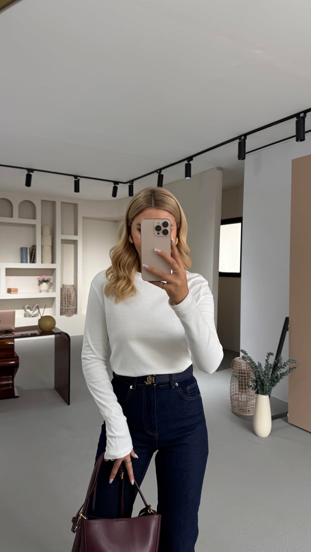 Premium Seri Bisiklet Yaka Beyaz Uzun Kol Pamuklu Basic