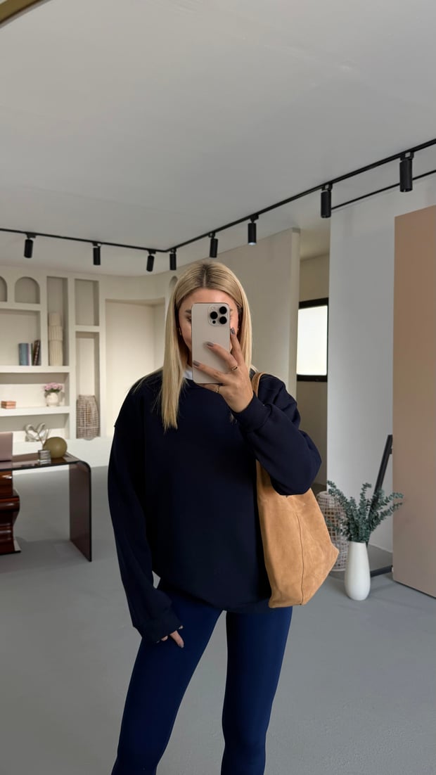 Bisiklet Yaka Şardonlu Oversize Lacivert Sweat