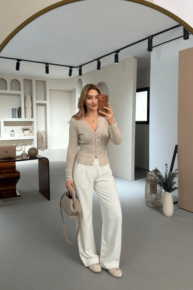 Premium Seri Ekru Bol Tensel Pantolon