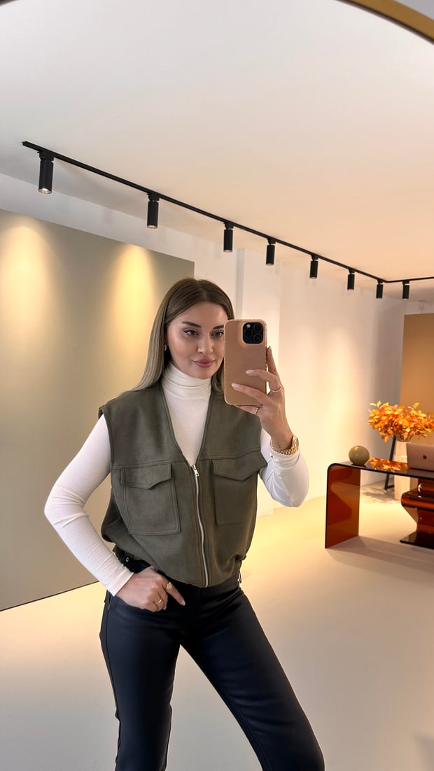 Bel Lastikli Cep Detay Süet Haki Yelek