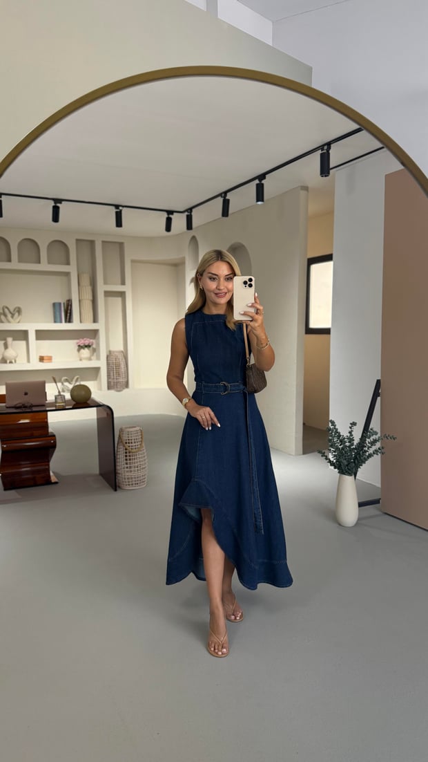 Asimetrik Volanlı Lacivert Denim Elbise