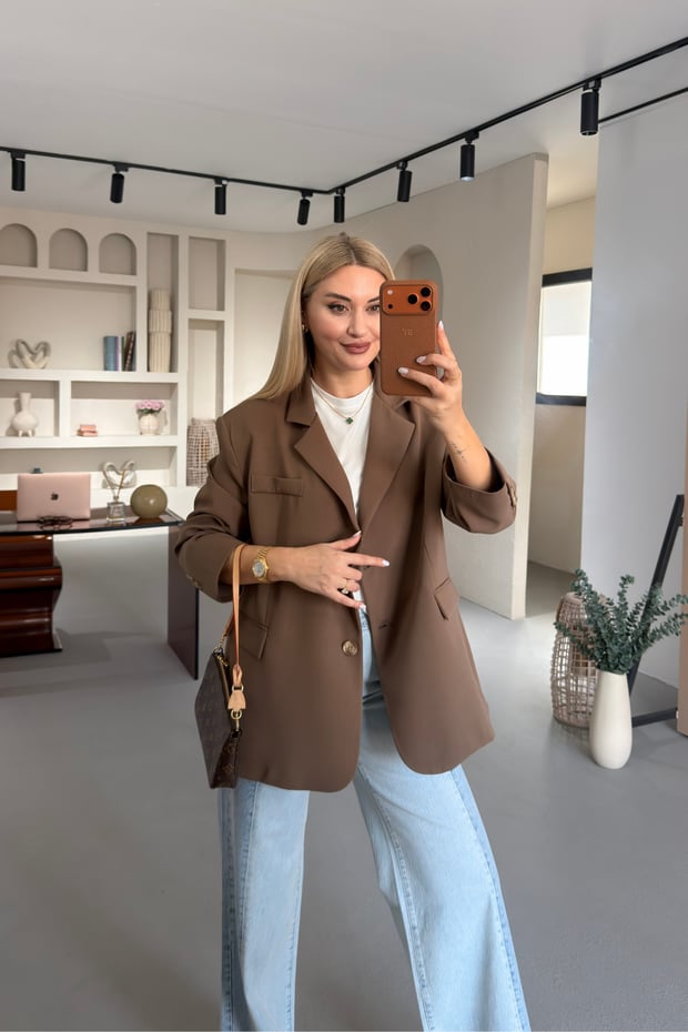Oversize Kemik Düğmeli Haki Blazer Ceket