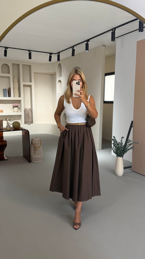 Premium Seri Piliseli Kahve Poplin Çan Etek