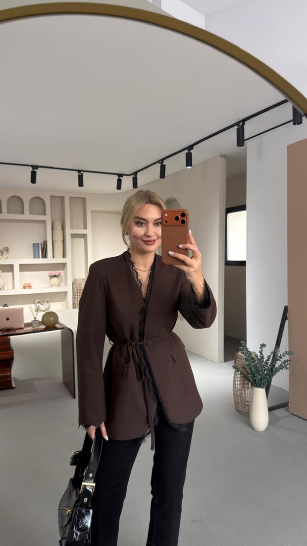 Dantel Detay Kahve Blazer Ceket