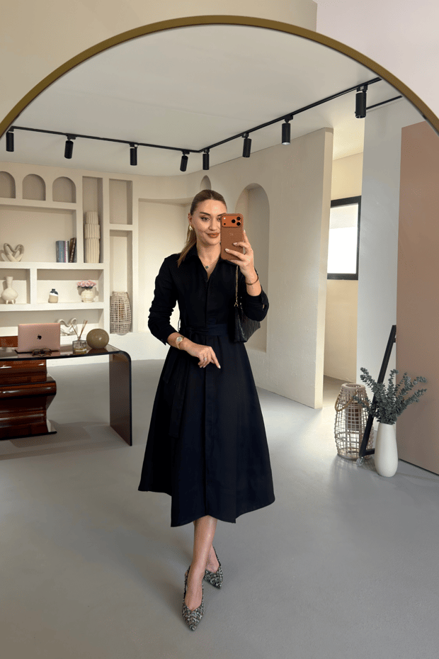 Boydan Düğmeli Asimetrik Kesim Siyah Likralı Denim Elbise