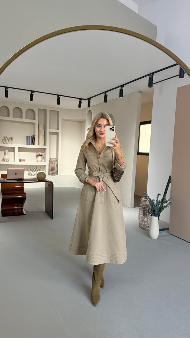 Dikiş Detay Vizon Çan Denim Elbise