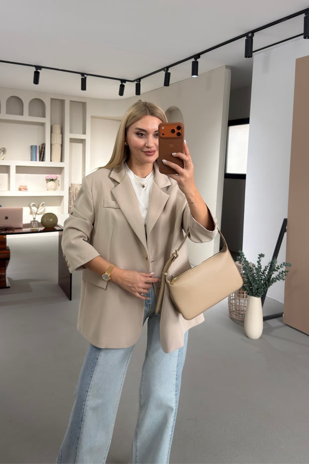 Oversize Kemik Düğmeli Taş Blazer Ceket