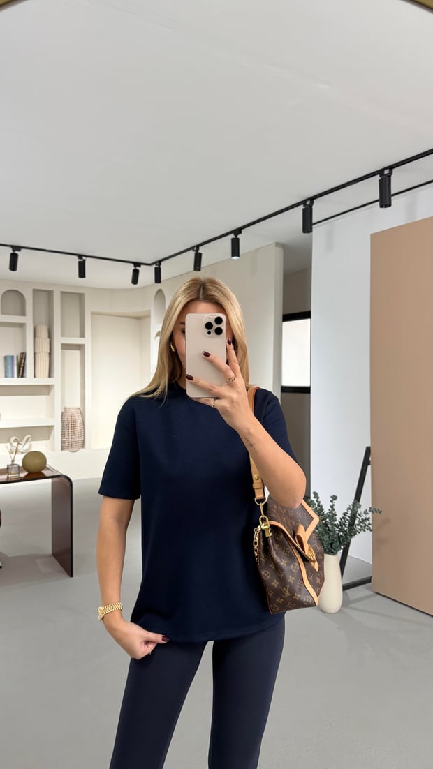 Bisiklet Yaka Lacivert Oversize Tok Modal Basic Tshirt