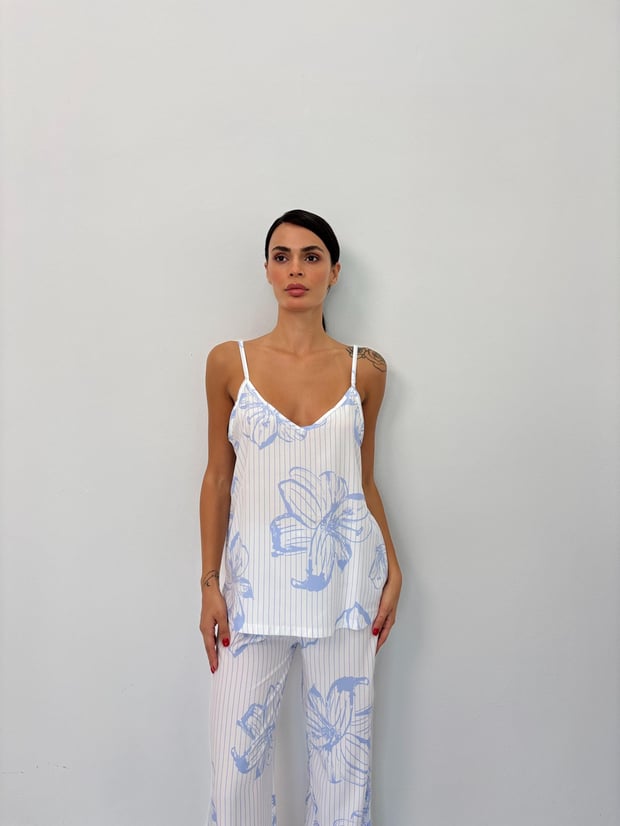 Mavi Çiçek Desen Ayarlanabilir Askı Pamuklu Atlet