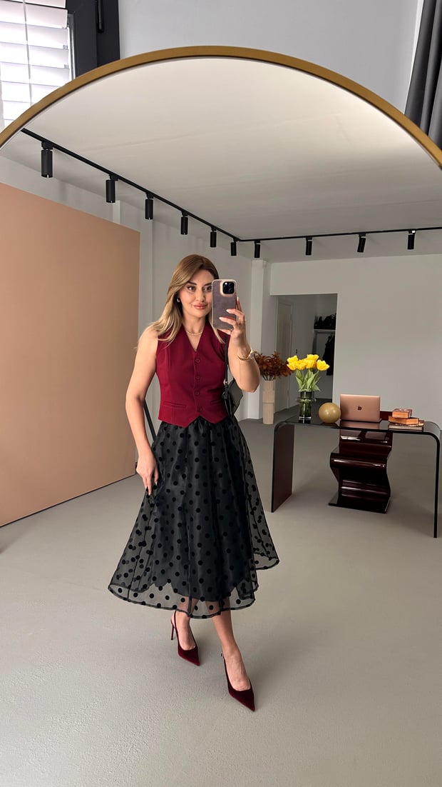 Organze Tül Detay Kadife Puantiyeli Siyah Çan Etek