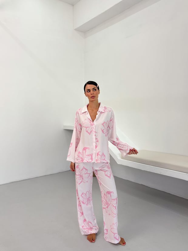 Pembe Çiçek Desen Pamuklu Gömlek Pijama Takım