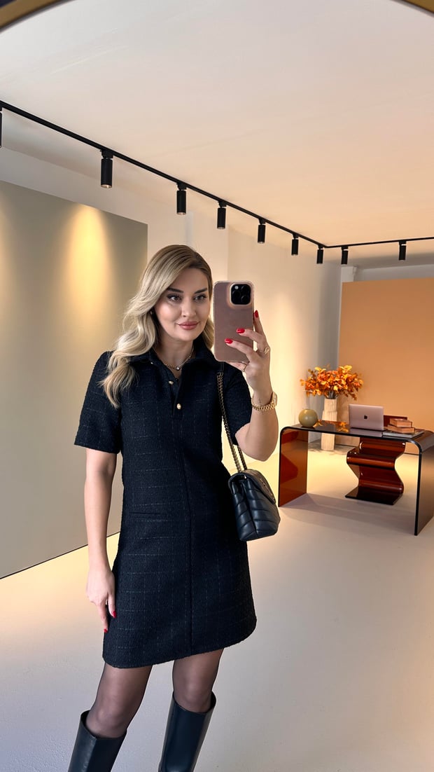 Polo Yaka Gold Düğmeli Kısa Kol Siyah Tüvit Elbise