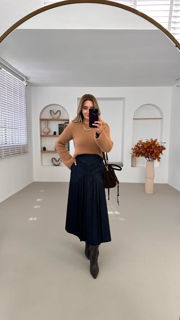 Premium Seri Cep Detay Piliseli Maxi Denim Etek